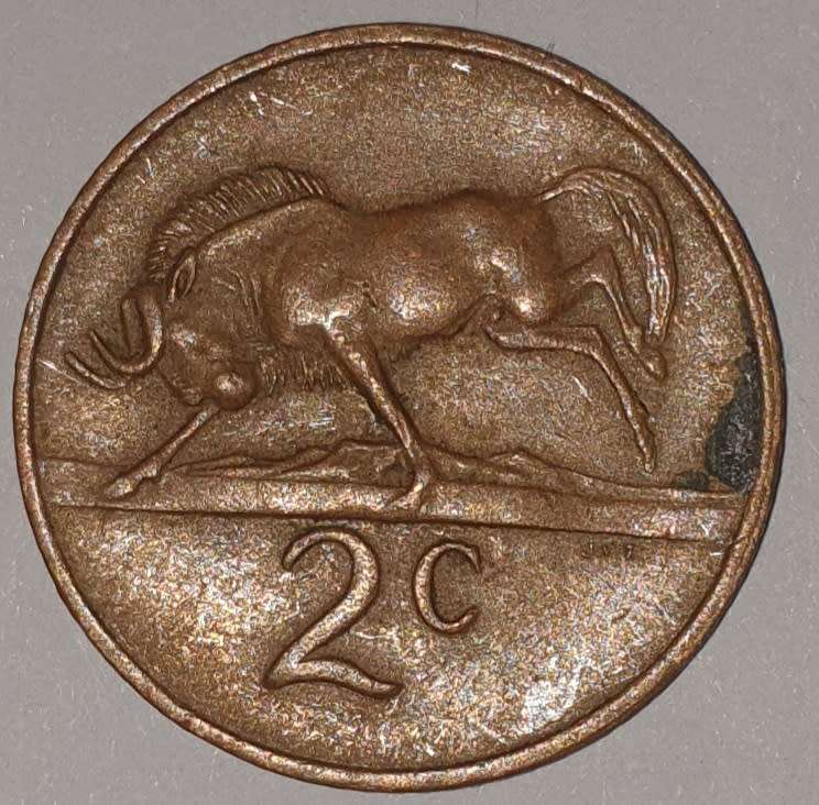 1980 - 2 CENT COIN (TWO CENT COIN) - RSA - BRONZE - KM#83 - BILINGUAL LEGEND - WILDEBEEST
